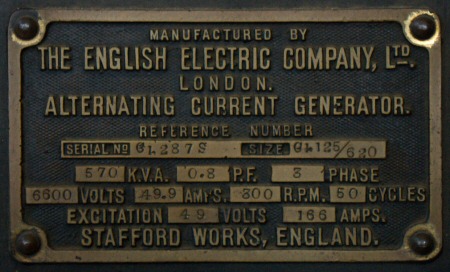 Ratings plate on English Electric alternator